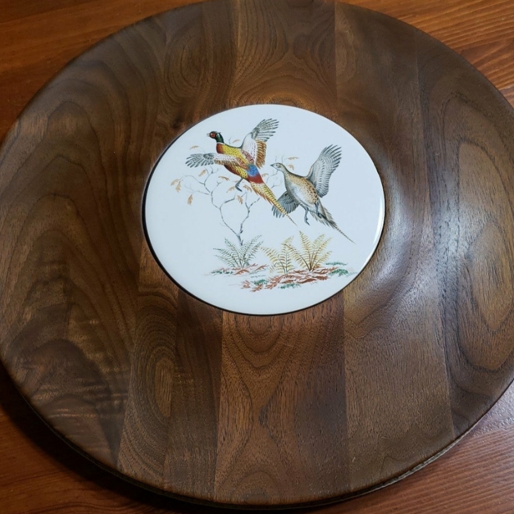 Vintage Pheasant Scene Solid Walnut & Porcelain Ozark Walnutware Snack tray